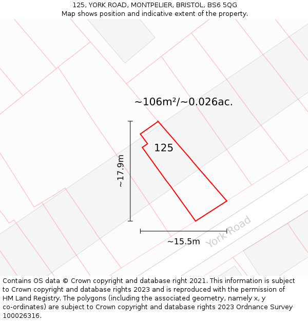 125, YORK ROAD, MONTPELIER, BRISTOL, BS6 5QG: Plot and title map