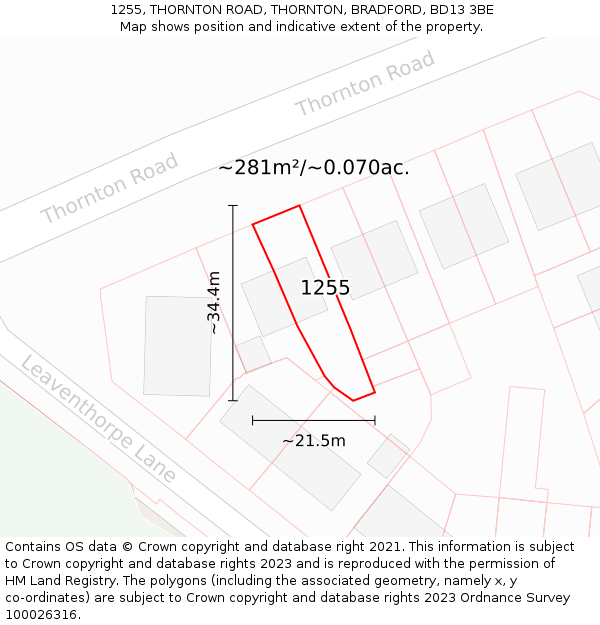 1255, THORNTON ROAD, THORNTON, BRADFORD, BD13 3BE: Plot and title map