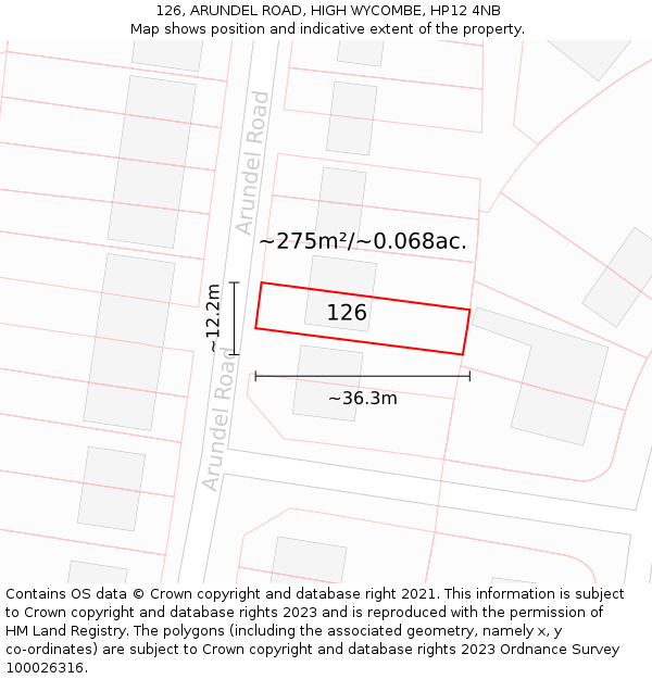 126, ARUNDEL ROAD, HIGH WYCOMBE, HP12 4NB: Plot and title map