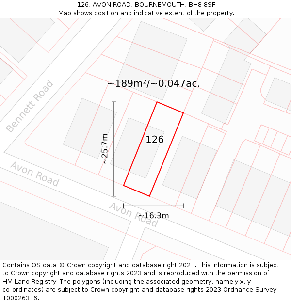 126, AVON ROAD, BOURNEMOUTH, BH8 8SF: Plot and title map