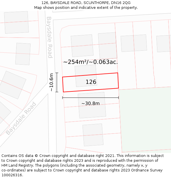 126, BAYSDALE ROAD, SCUNTHORPE, DN16 2QG: Plot and title map