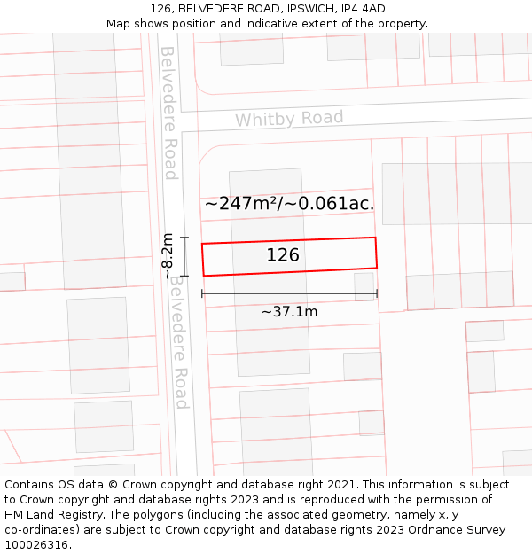 126, BELVEDERE ROAD, IPSWICH, IP4 4AD: Plot and title map