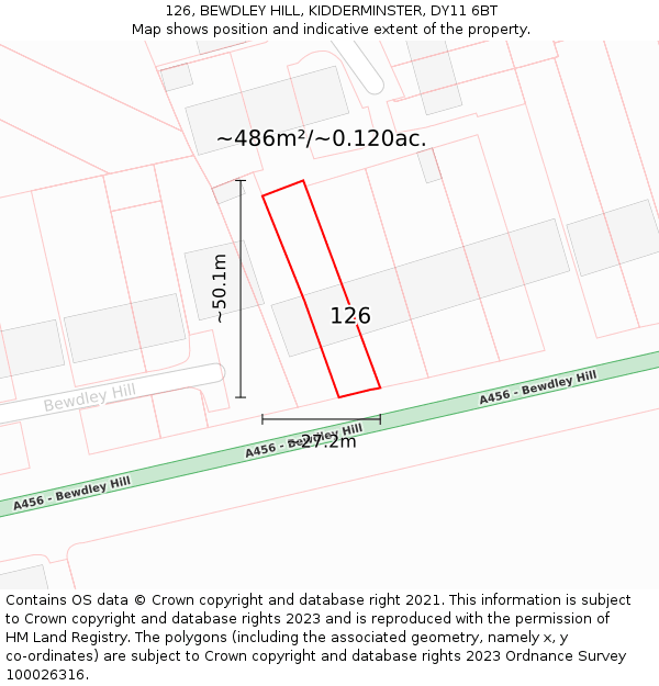 126, BEWDLEY HILL, KIDDERMINSTER, DY11 6BT: Plot and title map