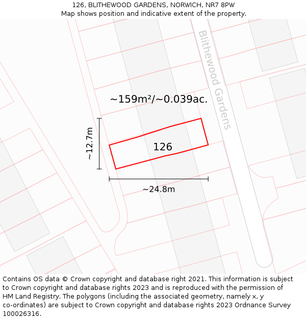 126, BLITHEWOOD GARDENS, NORWICH, NR7 8PW: Plot and title map