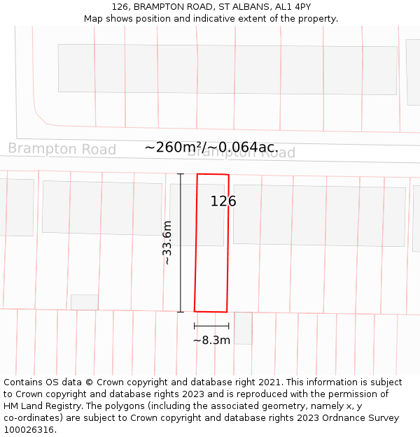 126, BRAMPTON ROAD, ST ALBANS, AL1 4PY: Plot and title map