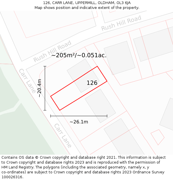 126, CARR LANE, UPPERMILL, OLDHAM, OL3 6JA: Plot and title map