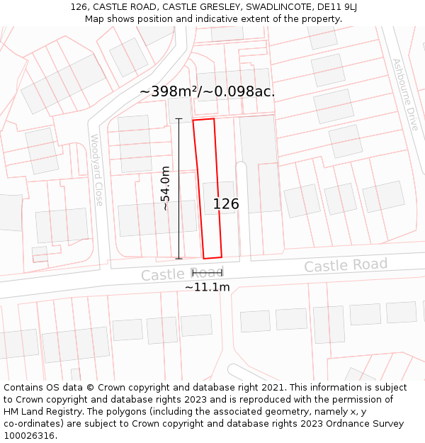 126, CASTLE ROAD, CASTLE GRESLEY, SWADLINCOTE, DE11 9LJ: Plot and title map