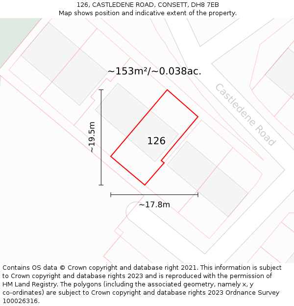 126, CASTLEDENE ROAD, CONSETT, DH8 7EB: Plot and title map