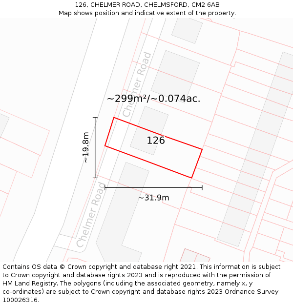 126, CHELMER ROAD, CHELMSFORD, CM2 6AB: Plot and title map