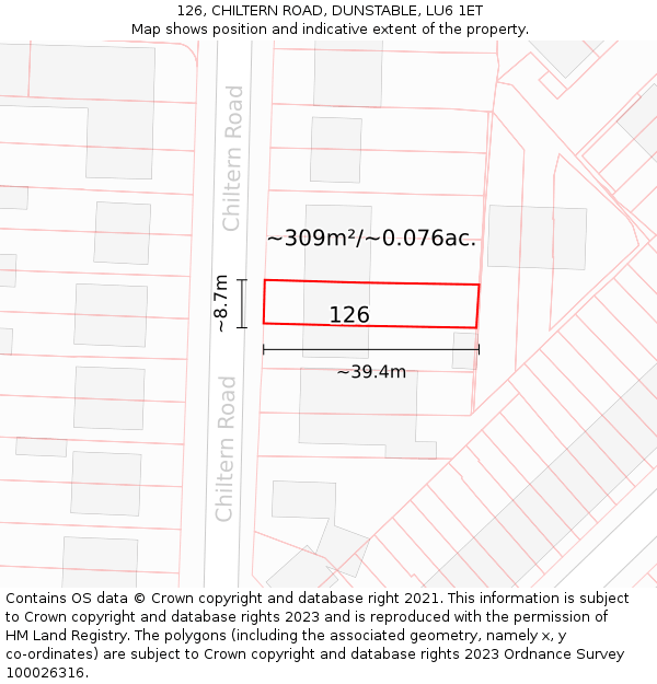 126, CHILTERN ROAD, DUNSTABLE, LU6 1ET: Plot and title map