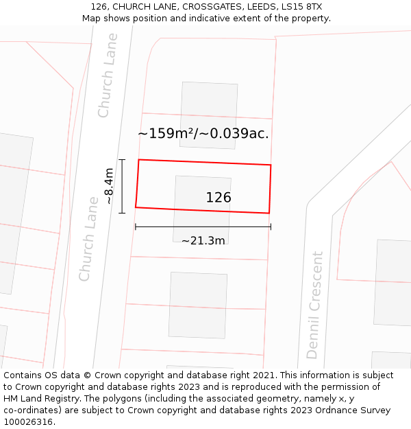126, CHURCH LANE, CROSSGATES, LEEDS, LS15 8TX: Plot and title map