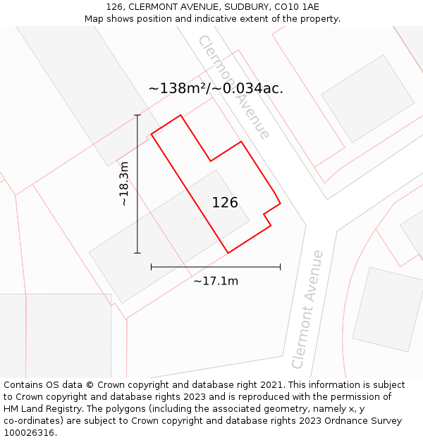 126, CLERMONT AVENUE, SUDBURY, CO10 1AE: Plot and title map