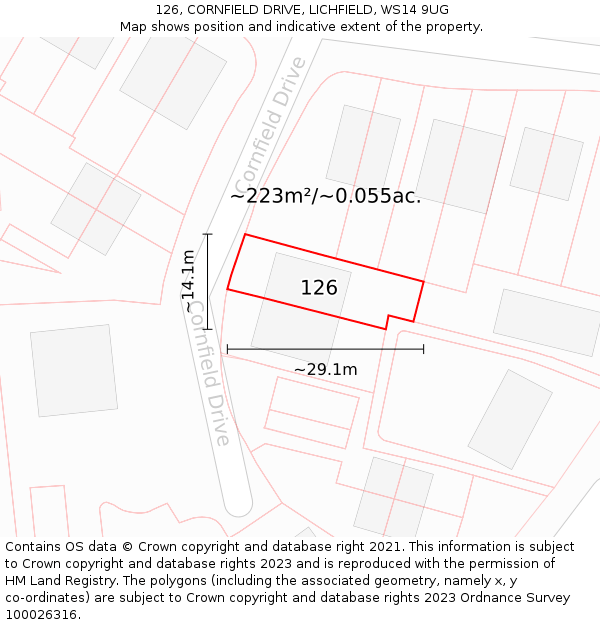 126, CORNFIELD DRIVE, LICHFIELD, WS14 9UG: Plot and title map
