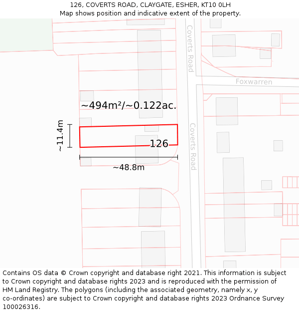 126, COVERTS ROAD, CLAYGATE, ESHER, KT10 0LH: Plot and title map