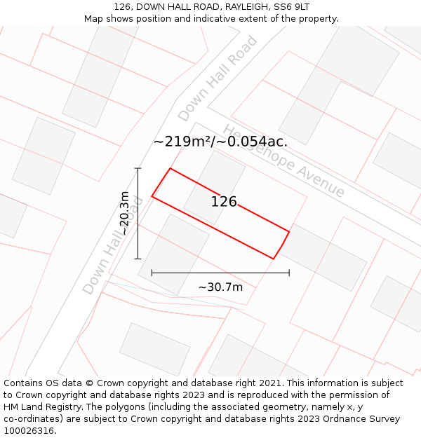 126, DOWN HALL ROAD, RAYLEIGH, SS6 9LT: Plot and title map