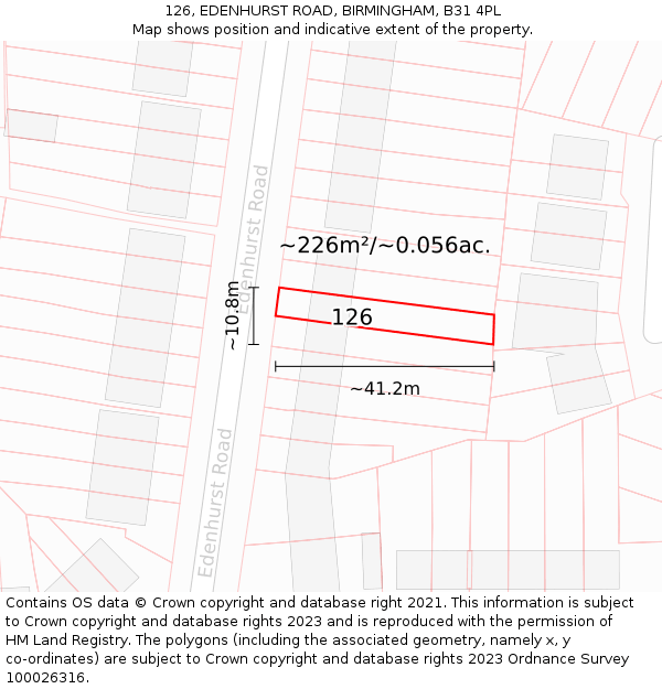126, EDENHURST ROAD, BIRMINGHAM, B31 4PL: Plot and title map