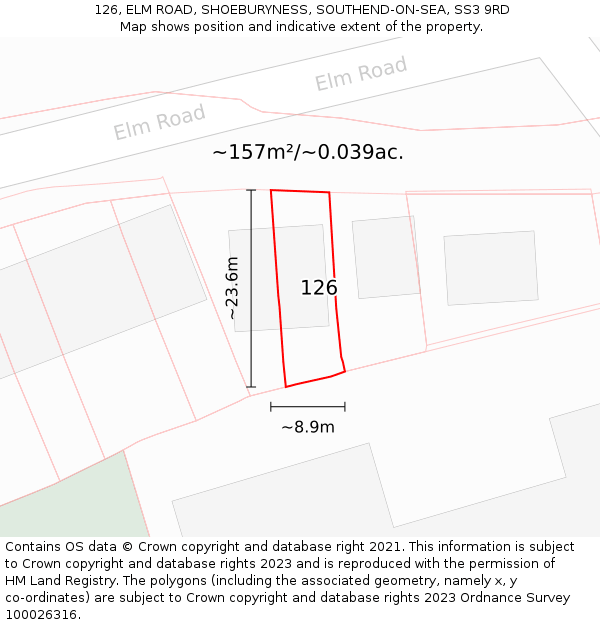 126, ELM ROAD, SHOEBURYNESS, SOUTHEND-ON-SEA, SS3 9RD: Plot and title map