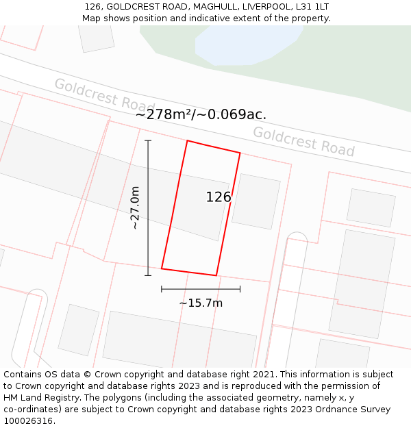 126, GOLDCREST ROAD, MAGHULL, LIVERPOOL, L31 1LT: Plot and title map