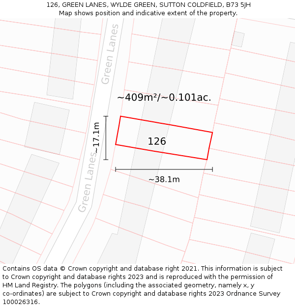 126, GREEN LANES, WYLDE GREEN, SUTTON COLDFIELD, B73 5JH: Plot and title map