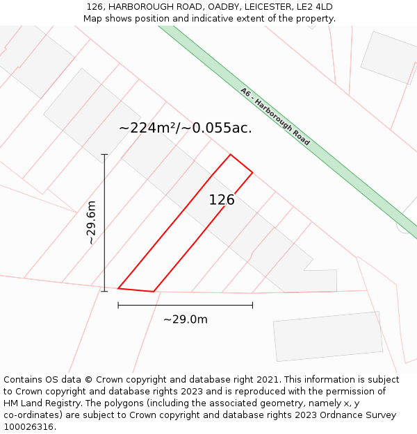 126, HARBOROUGH ROAD, OADBY, LEICESTER, LE2 4LD: Plot and title map