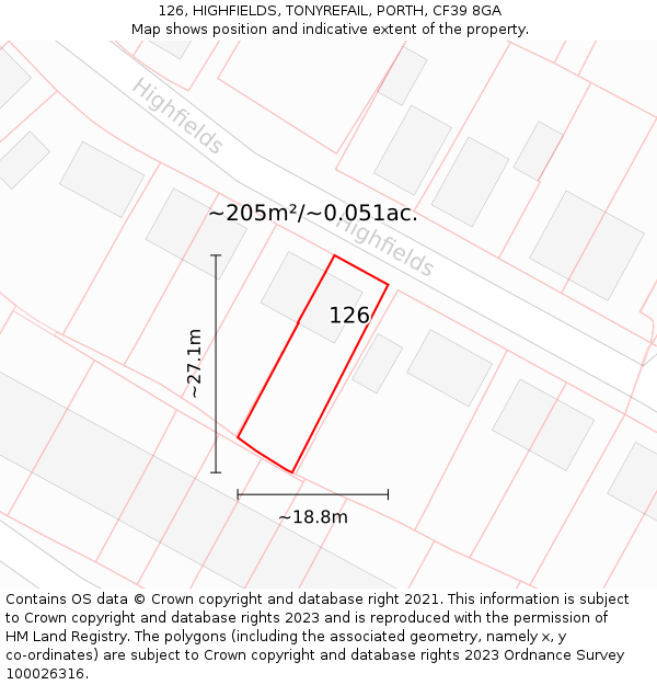 126, HIGHFIELDS, TONYREFAIL, PORTH, CF39 8GA: Plot and title map