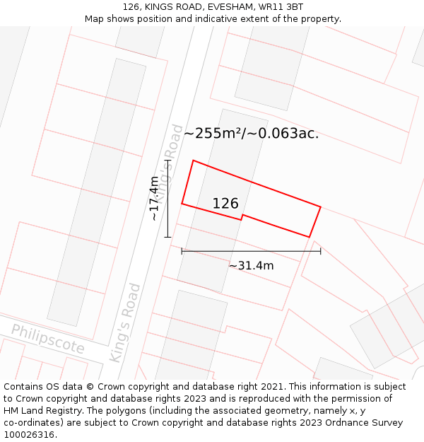 126, KINGS ROAD, EVESHAM, WR11 3BT: Plot and title map
