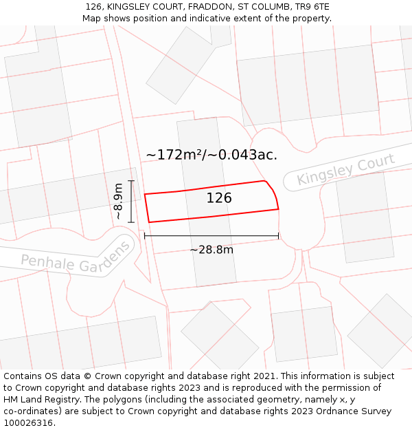 126, KINGSLEY COURT, FRADDON, ST COLUMB, TR9 6TE: Plot and title map