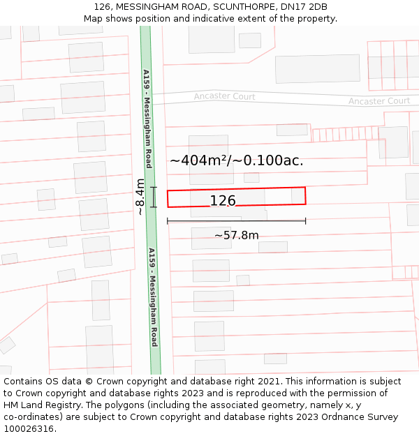 126, MESSINGHAM ROAD, SCUNTHORPE, DN17 2DB: Plot and title map