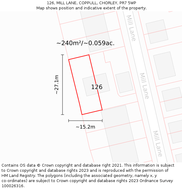 126, MILL LANE, COPPULL, CHORLEY, PR7 5WP: Plot and title map