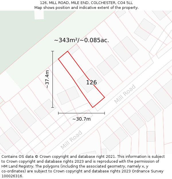 126, MILL ROAD, MILE END, COLCHESTER, CO4 5LL: Plot and title map