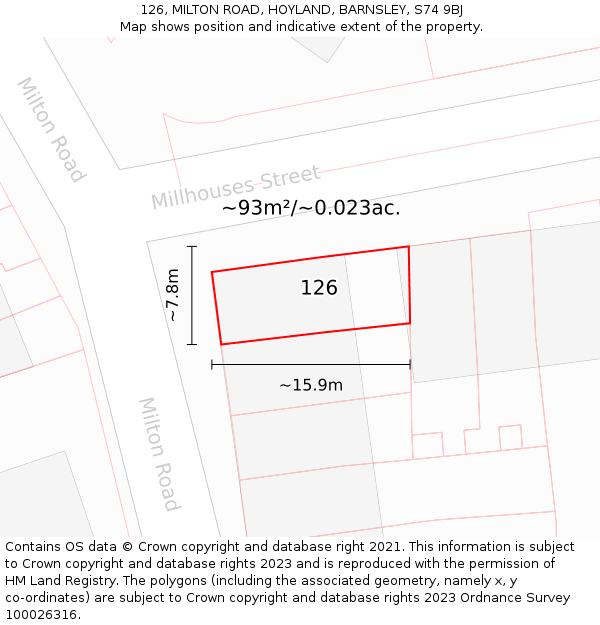 126, MILTON ROAD, HOYLAND, BARNSLEY, S74 9BJ: Plot and title map