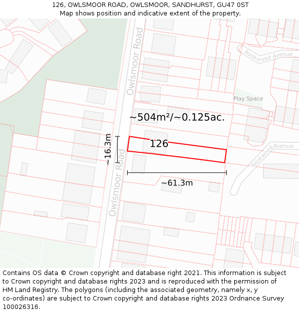 126, OWLSMOOR ROAD, OWLSMOOR, SANDHURST, GU47 0ST: Plot and title map