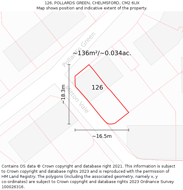126, POLLARDS GREEN, CHELMSFORD, CM2 6UX: Plot and title map