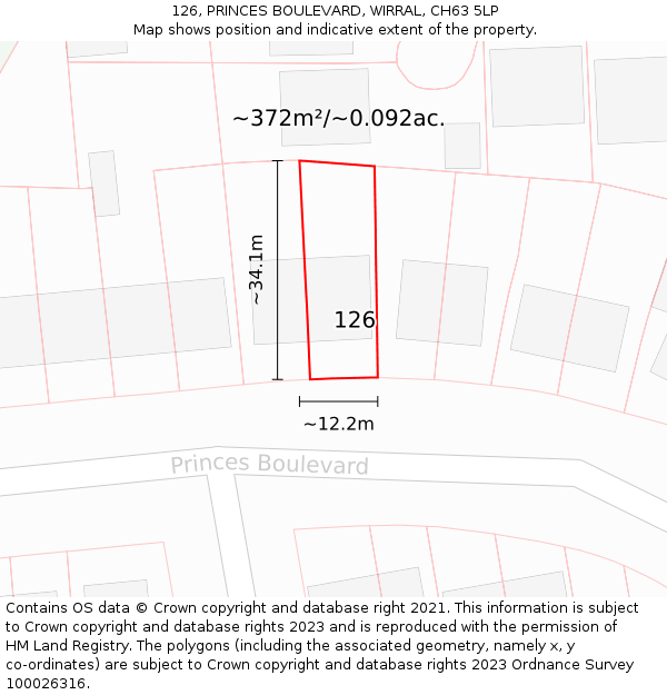 126, PRINCES BOULEVARD, WIRRAL, CH63 5LP: Plot and title map