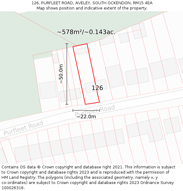 126, PURFLEET ROAD, AVELEY, SOUTH OCKENDON, RM15 4EA: Plot and title map