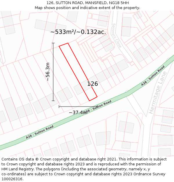 126, SUTTON ROAD, MANSFIELD, NG18 5HH: Plot and title map