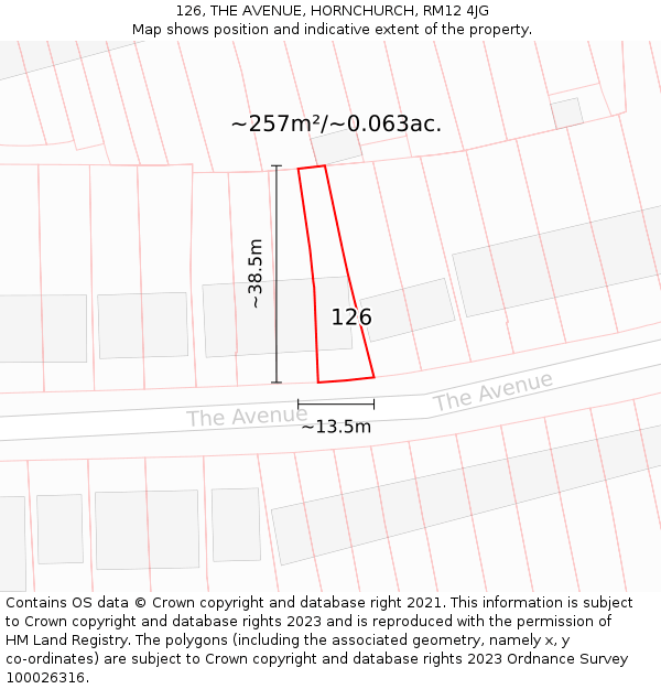 126, THE AVENUE, HORNCHURCH, RM12 4JG: Plot and title map
