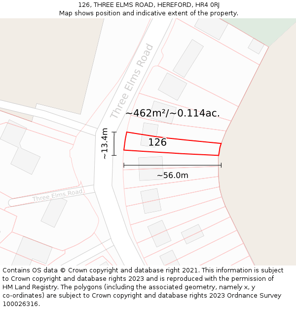 126, THREE ELMS ROAD, HEREFORD, HR4 0RJ: Plot and title map
