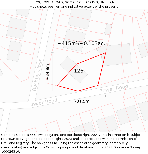 126, TOWER ROAD, SOMPTING, LANCING, BN15 9JN: Plot and title map