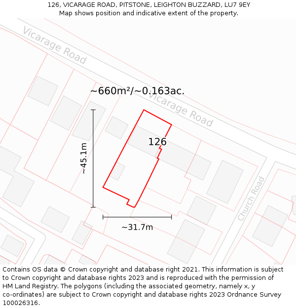 126, VICARAGE ROAD, PITSTONE, LEIGHTON BUZZARD, LU7 9EY: Plot and title map