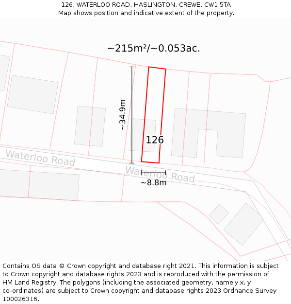 126, WATERLOO ROAD, HASLINGTON, CREWE, CW1 5TA: Plot and title map