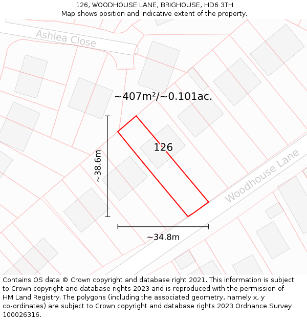 126, WOODHOUSE LANE, BRIGHOUSE, HD6 3TH: Plot and title map