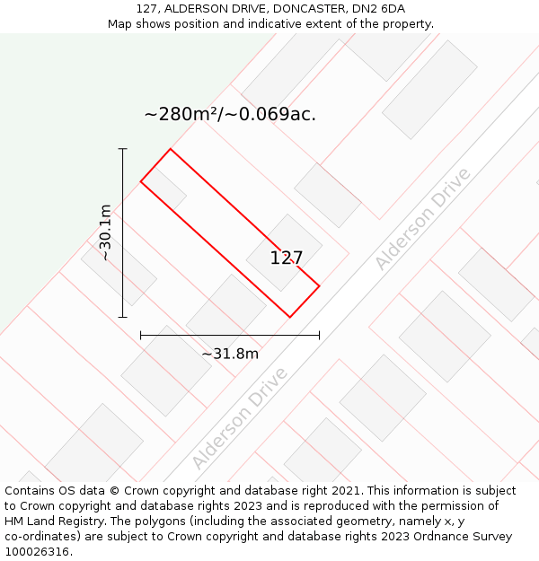 127, ALDERSON DRIVE, DONCASTER, DN2 6DA: Plot and title map