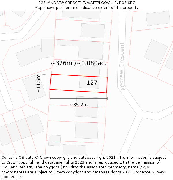 127, ANDREW CRESCENT, WATERLOOVILLE, PO7 6BG: Plot and title map