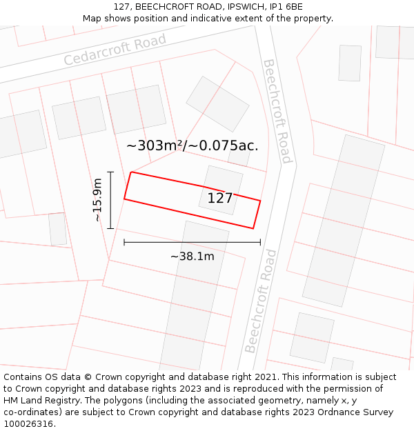 127, BEECHCROFT ROAD, IPSWICH, IP1 6BE: Plot and title map
