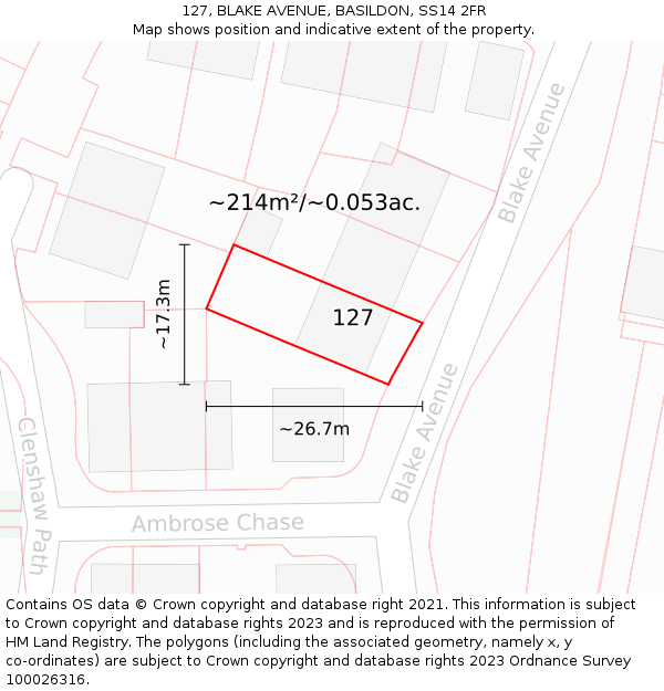 127, BLAKE AVENUE, BASILDON, SS14 2FR: Plot and title map