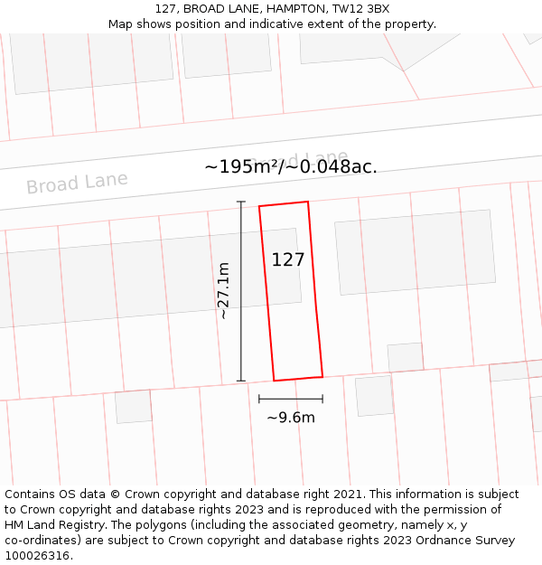 127, BROAD LANE, HAMPTON, TW12 3BX: Plot and title map