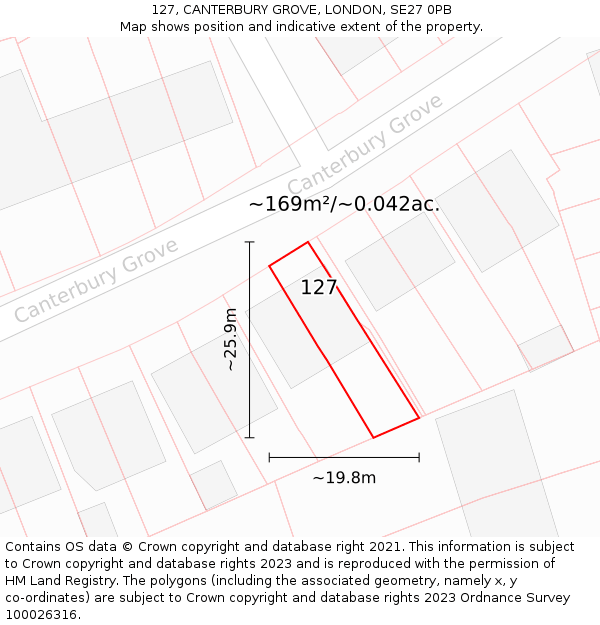 127, CANTERBURY GROVE, LONDON, SE27 0PB: Plot and title map