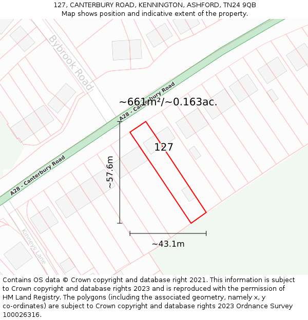 127, CANTERBURY ROAD, KENNINGTON, ASHFORD, TN24 9QB: Plot and title map