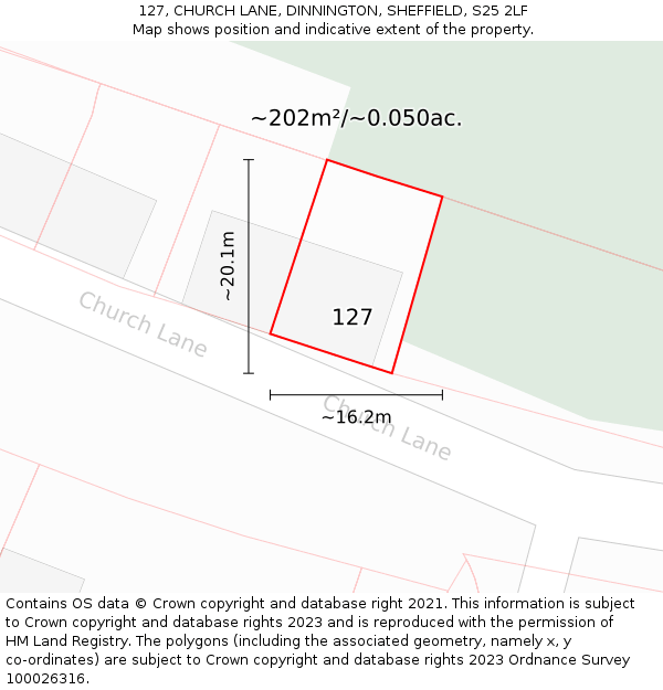 127, CHURCH LANE, DINNINGTON, SHEFFIELD, S25 2LF: Plot and title map